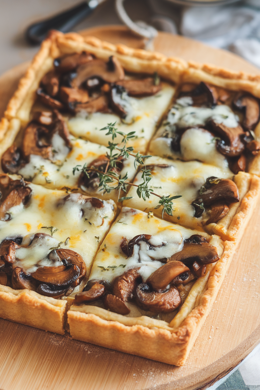 An indoor shot of a rectangular tart on a wooden board, flaky crust holding sautéed wild mushrooms and melted Gruyère, sliced into squares. No text or logos in frame.