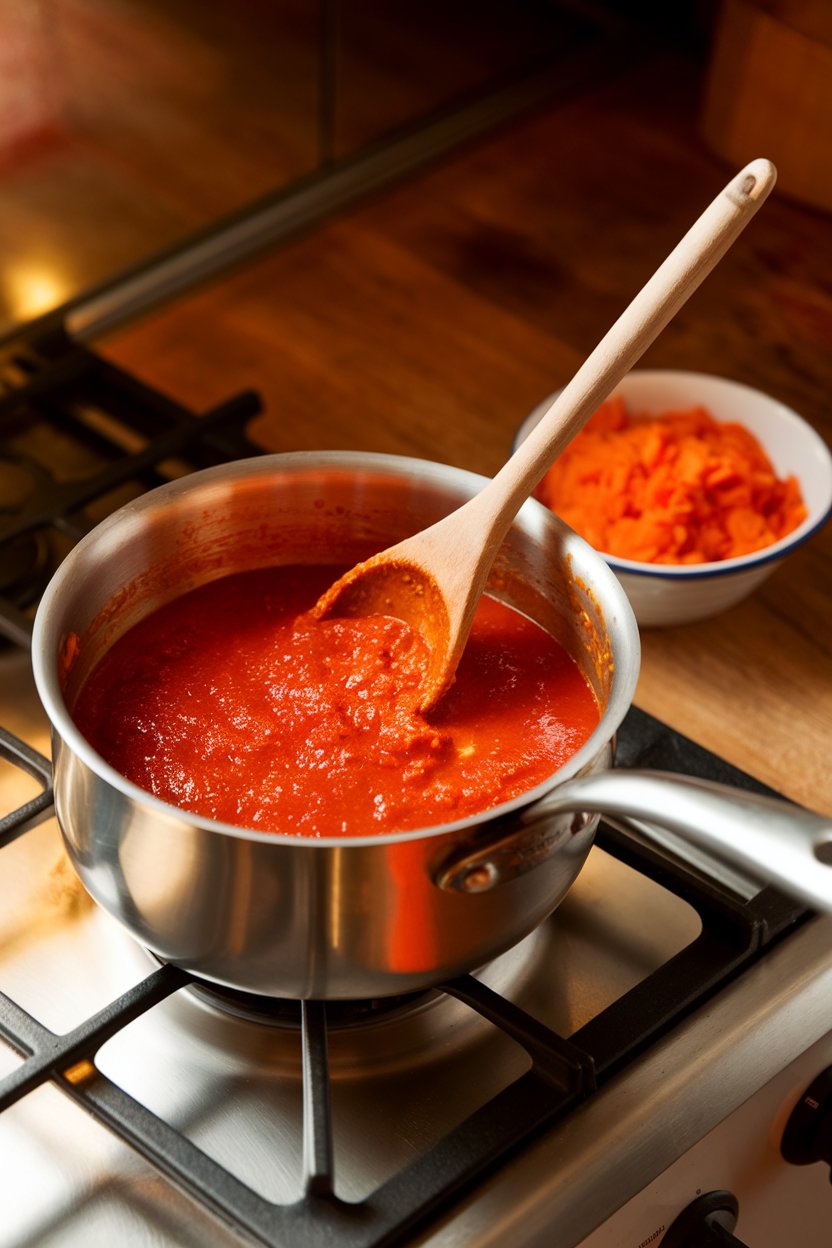 Photo of a saucepan indoors with a vibrant red sauce being stirred, and a small bowl of blended carrots beside it. Warm stovetop lighting, no text or logos.