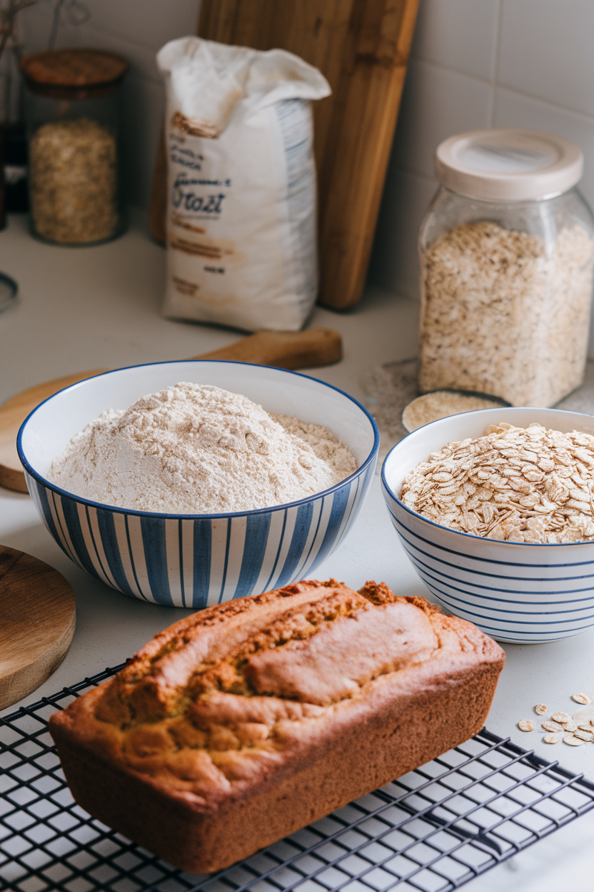 Photo prompt: An indoor baking scene with whole-wheat flour, oats, and banana bread loaf cooling on a rack, no brand names visible.