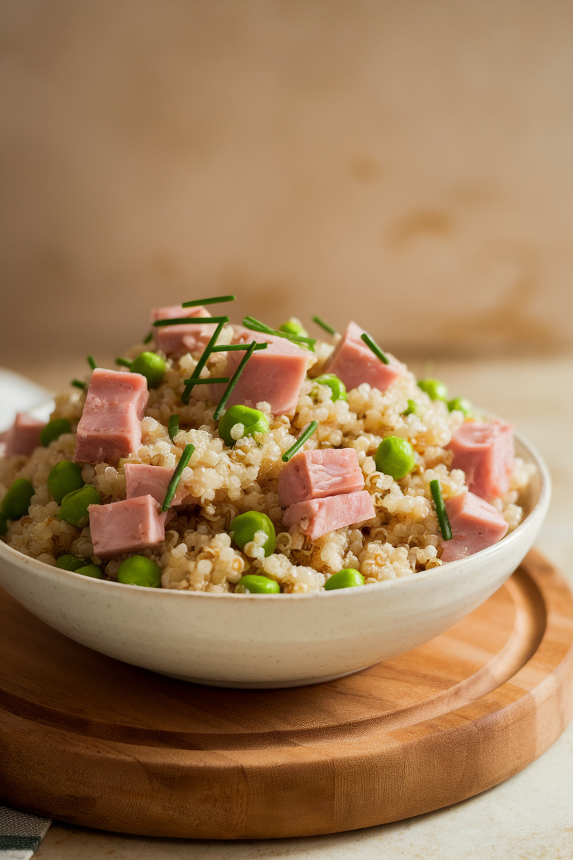 Indoor photo of fluffy quinoa, diced lean ham, green peas, and chopped chives in a serving bowl, lightly dressed in lemon vinaigrette. Soft indoor light, no text or logos.