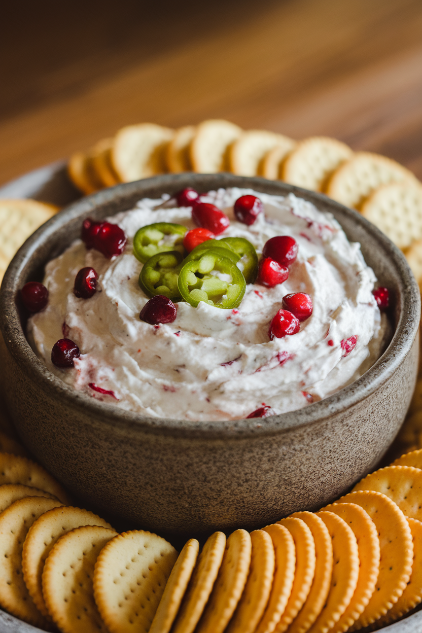 A stoneware bowl indoors filled with creamy white dip flecked with bright cranberry and green jalapeño bits, crackers arranged around. No text or logos, photo only.