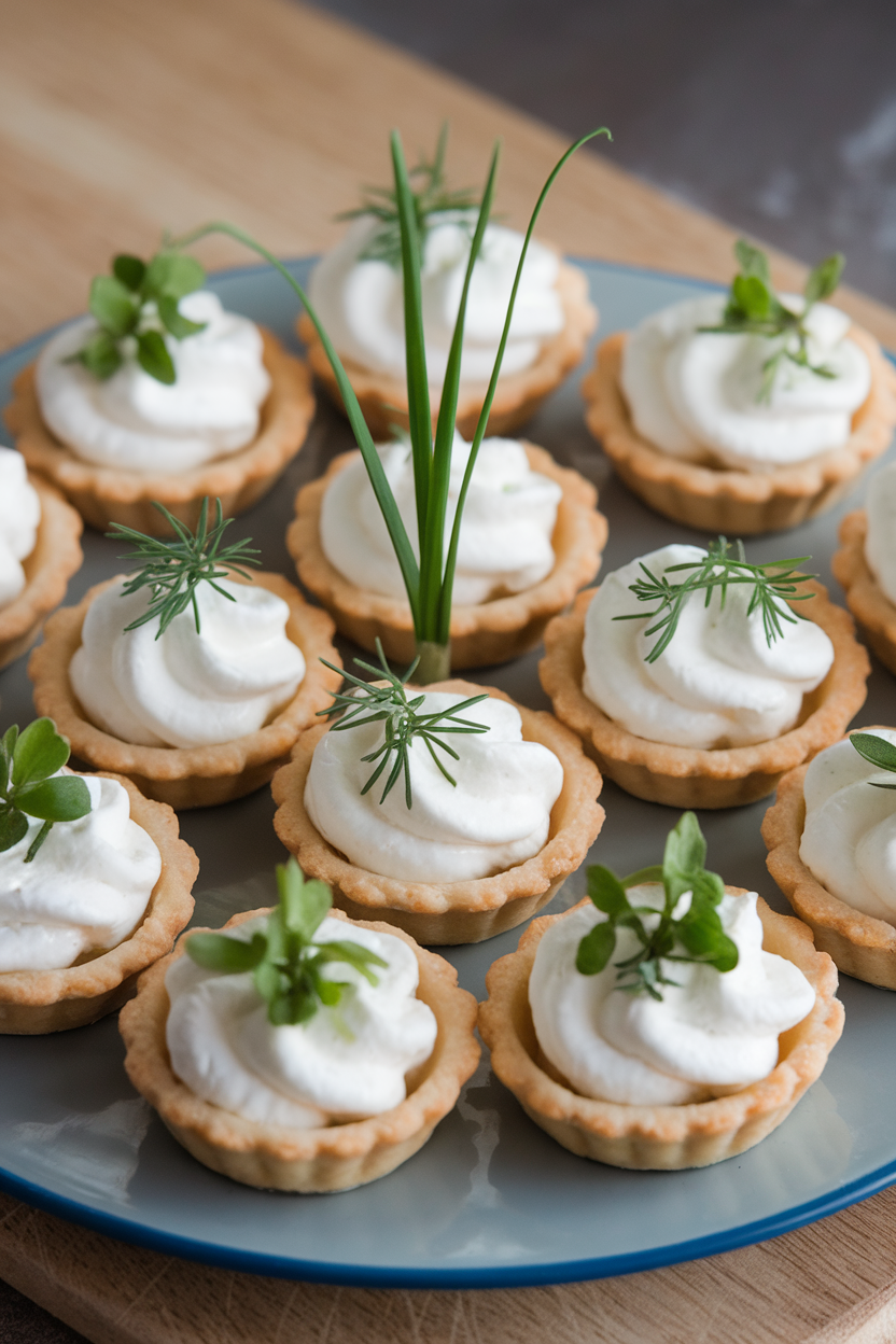 Photo of an indoor platter holding mini tartlets filled with whipped goat cheese and fresh herbs, garnished with a single chive. No text or logos visible.