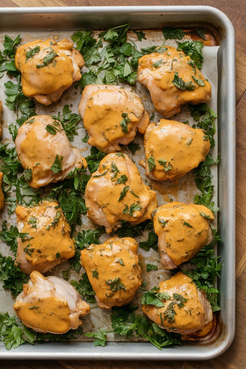 An indoor tray with bite-size baked chicken thigh pieces glazed in honey mustard sauce, sprinkled with parsley. No text or logos; photo only.