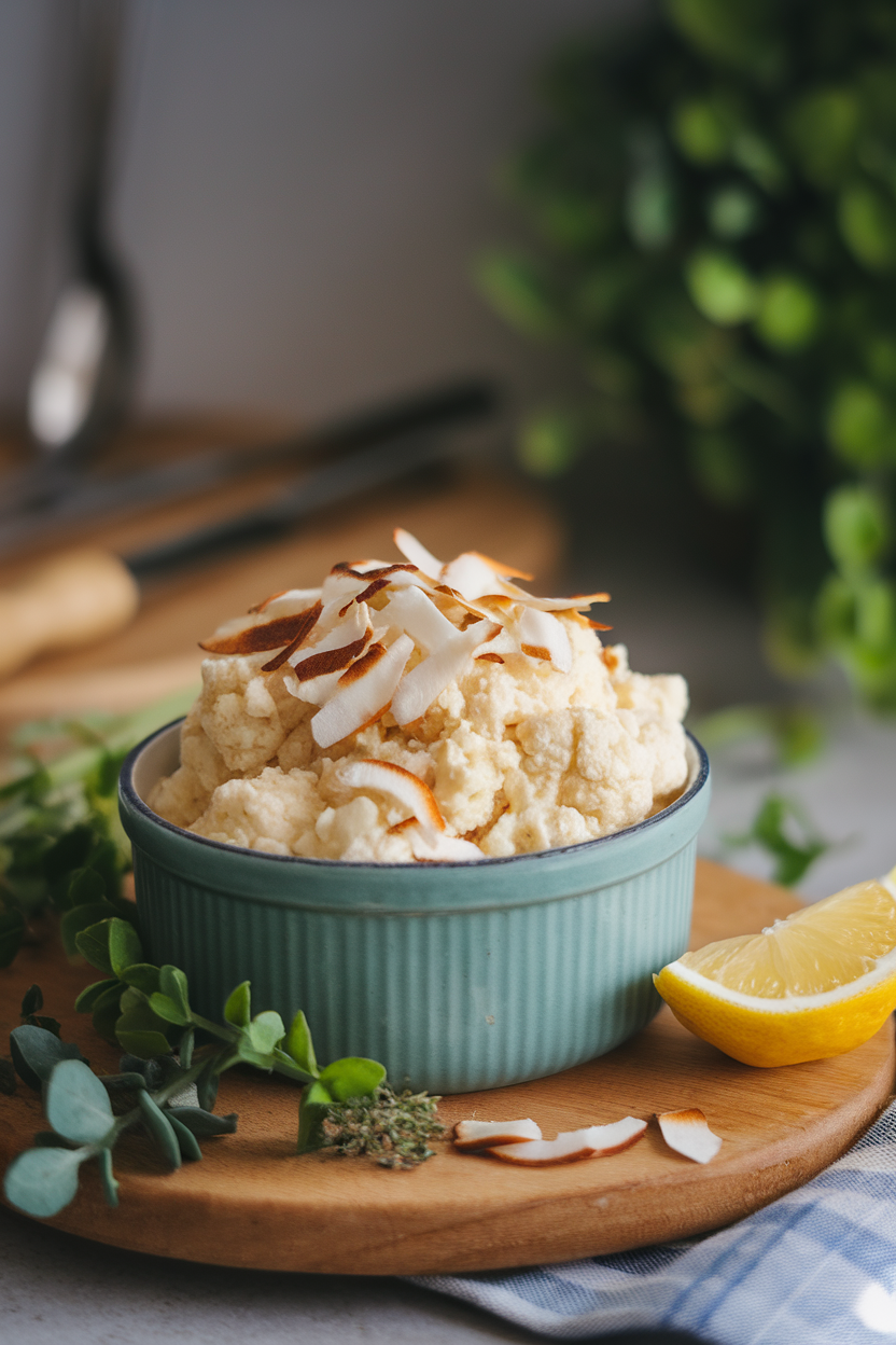 Photo of whipped cauliflower mash in a small casserole dish, garnished with toasted coconut flakes, taken indoors. No text or logos.