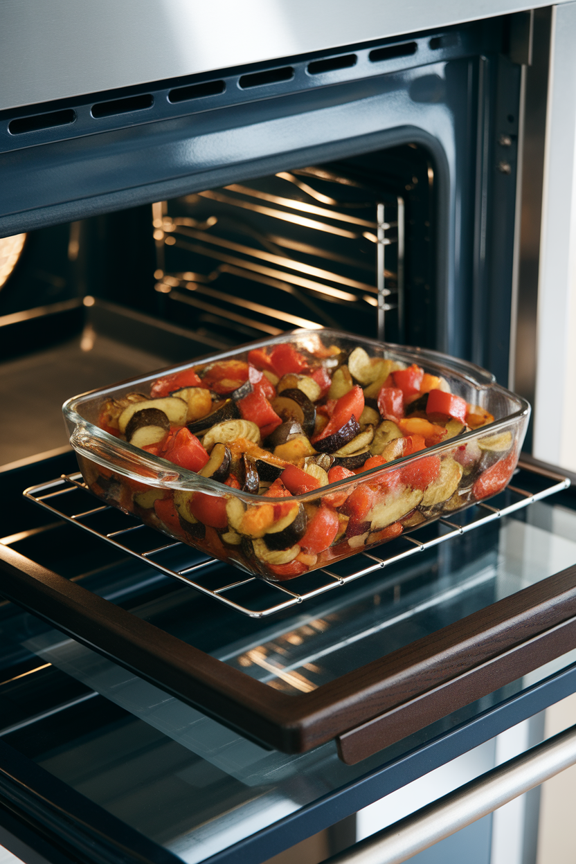 Indoor oven pull-out scene with a clear glass dish of roasted ratatouille, no text.
