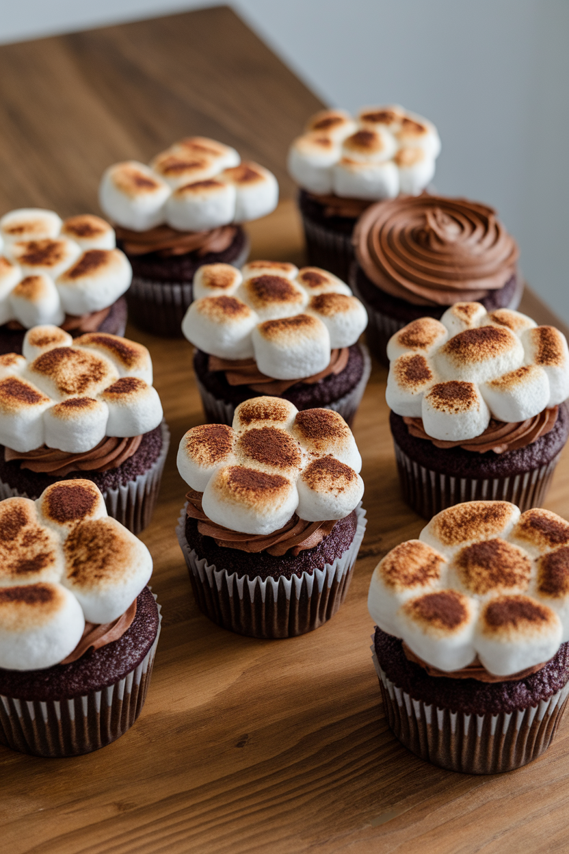 Photo of indoor wooden table with cupcakes covered in chocolate frosting, toasted marshmallow peaks on top, dusting of cocoa powder, no text or logos.