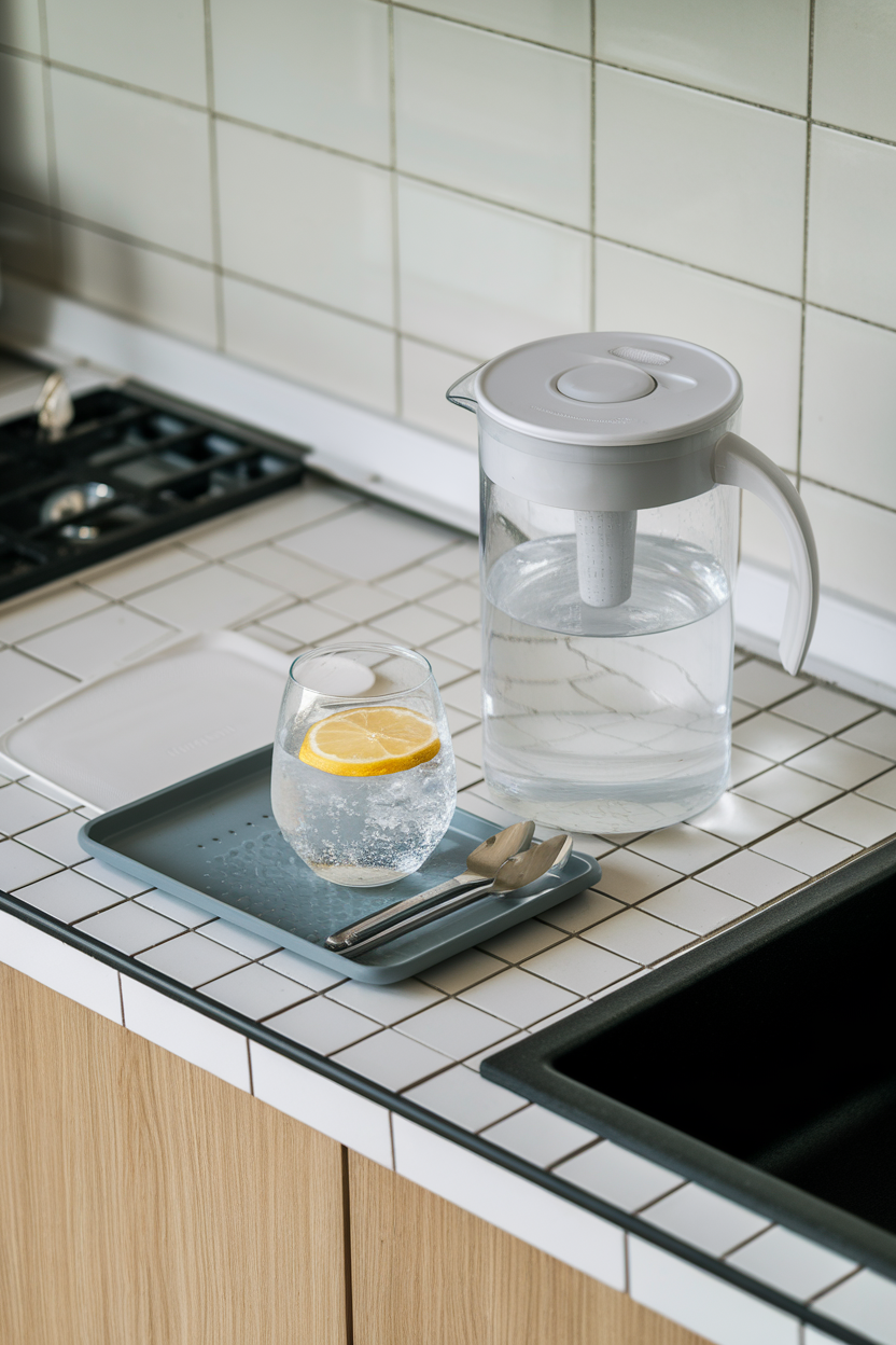 Indoor countertop with a clear water filter pitcher beside a glass of water and lemon slice, no text.