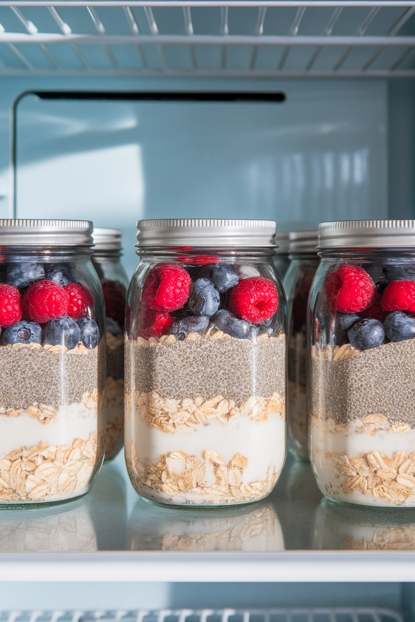 A refrigerator shelf view showing several mason jars layered with oats, chia seeds, berries, and almond milk. Indoor light, no text or logos.