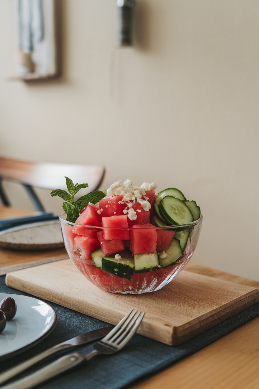 Photo of an indoor dining table displaying cubes of watermelon, sliced cucumber, fresh mint leaves, and a sprinkle of feta in a clear glass bowl. No text or logos visible.