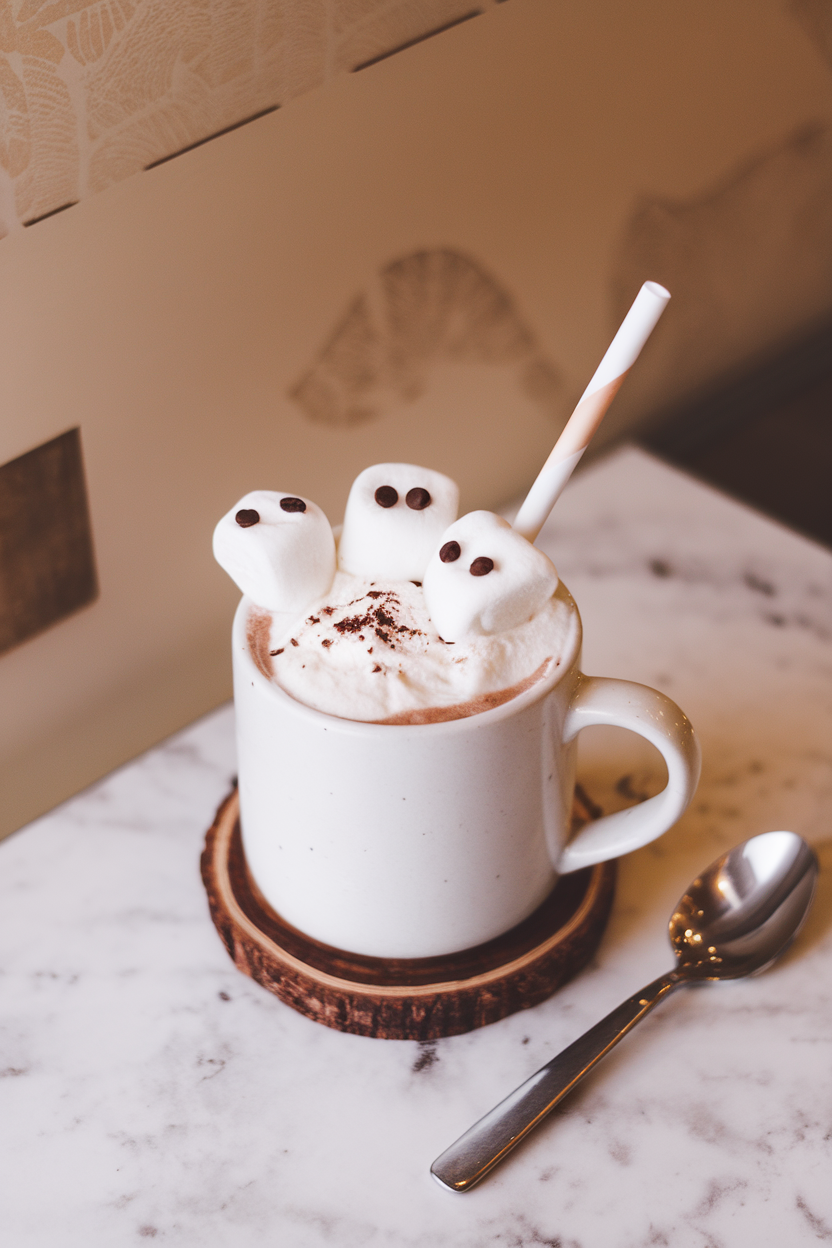 Indoor café table with a white ceramic mug filled with creamy white hot chocolate, topped with marshmallow “ghosts” dotted by two tiny chocolate chip eyes. Photo, no text or logos.