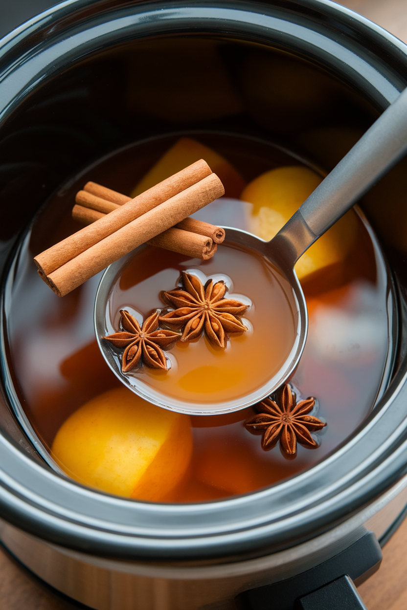 Indoor slow cooker filled with amber apple cider, cinnamon sticks and star anise floating on top, ladle resting inside. No text or logos. Photo only.