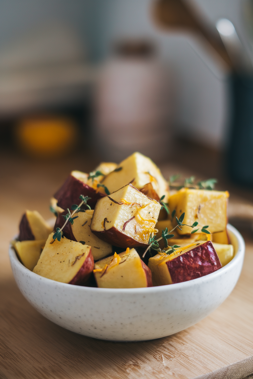 Indoor white bowl filled with roasted rutabaga cubes speckled with thyme leaves and lemon zest. No logos.