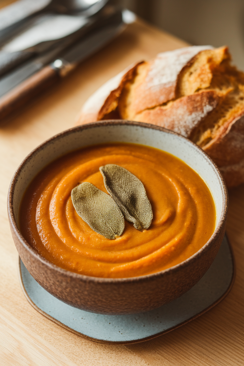 Photo of a bowl of smooth pumpkin soup topped with fried sage leaves on a wooden table indoors. No text or logos.