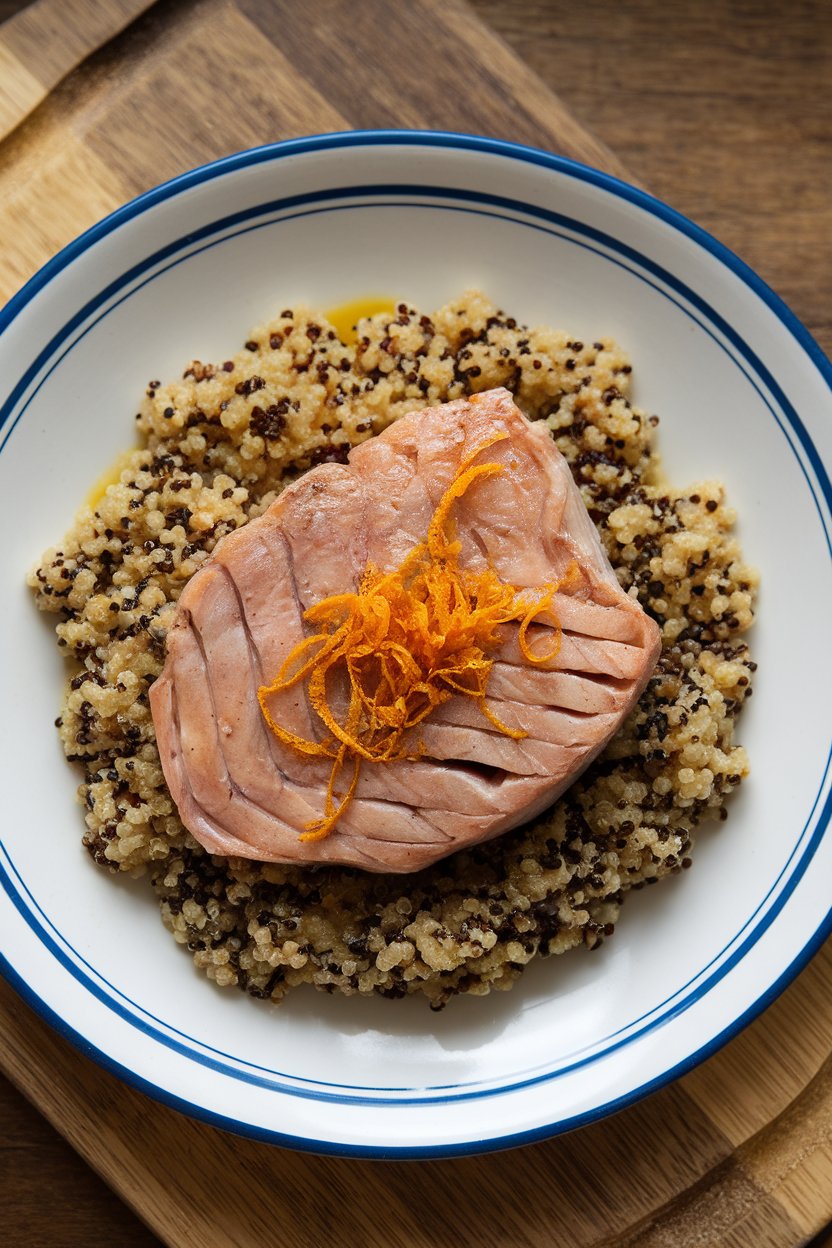 An indoor dinner plate featuring a cooked swordfish steak with orange zest on top, next to colorful quinoa pilaf. No logos or text.