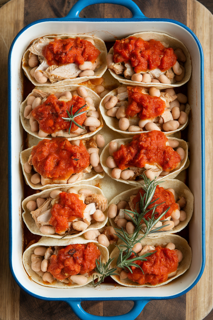 Indoor casserole with tortillas stuffed with rosemary-garlic white beans and chicken, topped with light tomato sauce, no text or logos.