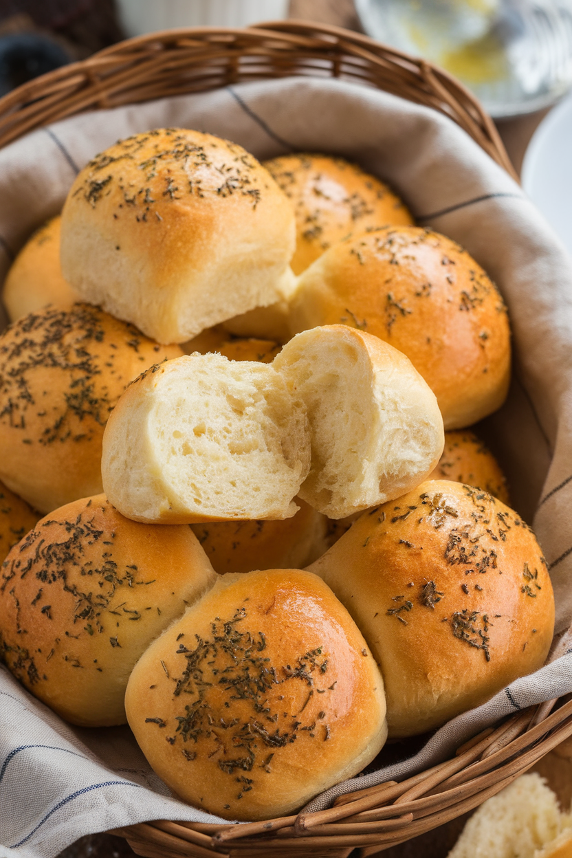 An indoor bread basket holding golden pull-apart dinner rolls brushed with melted herb butter. No text or logos. Photo.