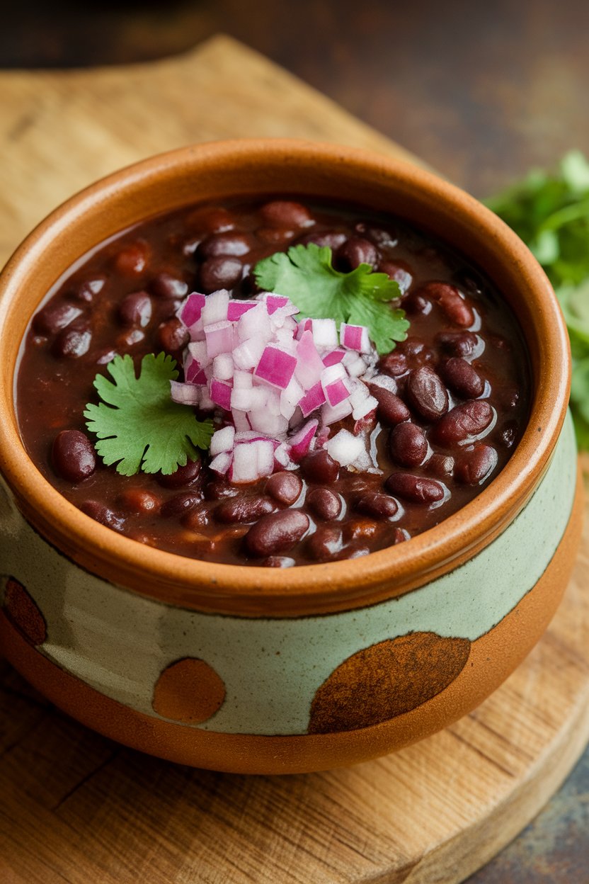 A ceramic bowl indoors filled with thick black bean soup garnished with diced red onion and cilantro. No text or logos; photo only.