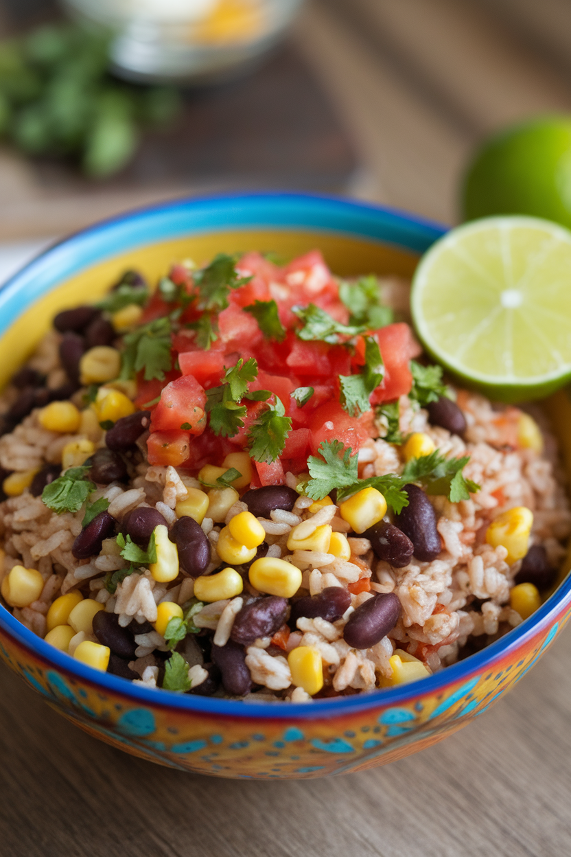 Indoor photo of a colorful bowl of brown rice mixed with black beans, corn, diced tomatoes, and chopped cilantro, lime wedge on the side. No text or logos.