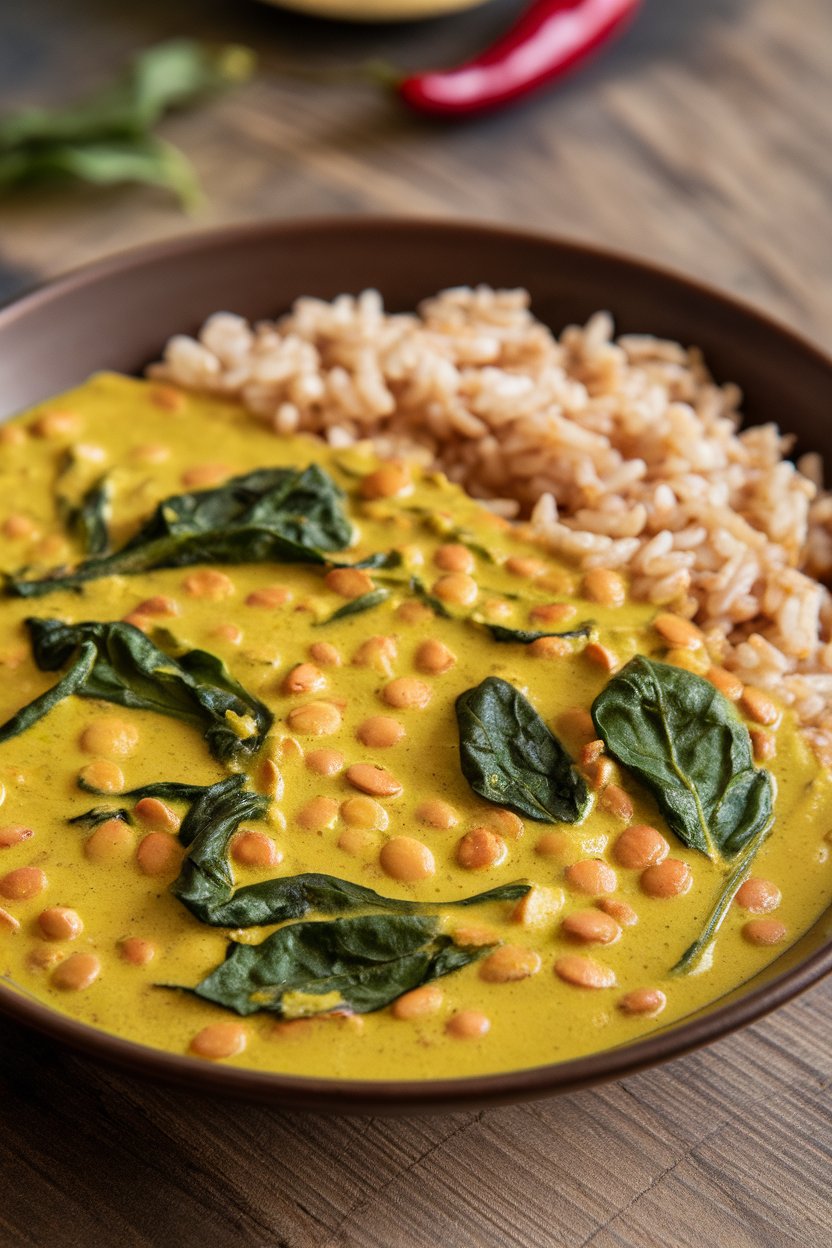 An indoor bowl of creamy yellow lentil curry dotted with wilted spinach leaves, served over brown rice. No visible text or logos.