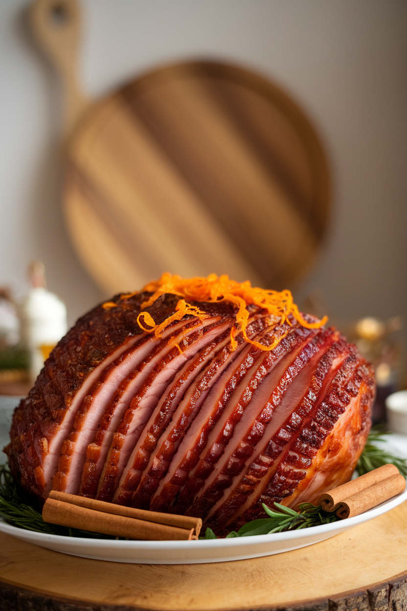 Indoor photo of spiral-sliced ham glistening with maple glaze on a white platter, cinnamon sticks and orange zest accents, no text or logos.