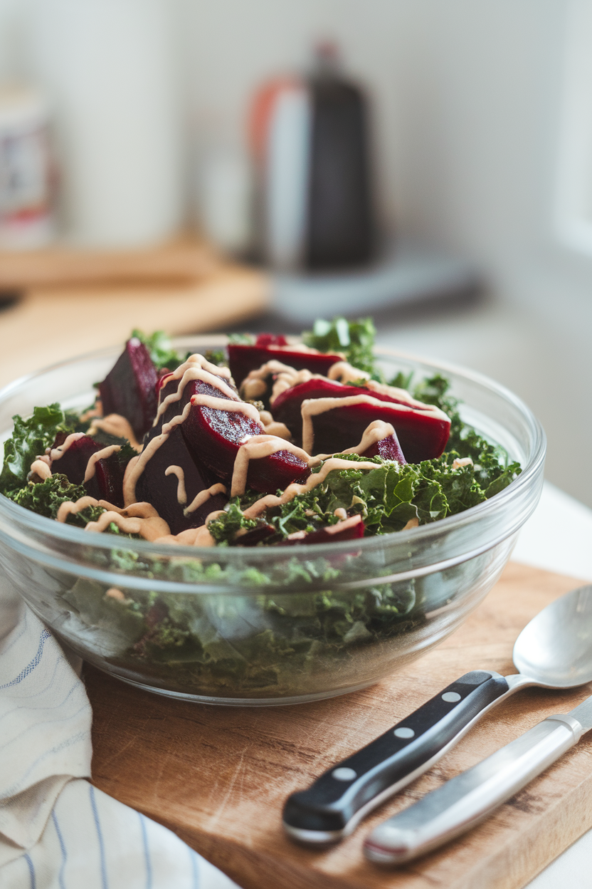 Indoor salad bowl packed with chopped kale, roasted beet wedges, and a drizzle of creamy tahini dressing. No text or logos present.