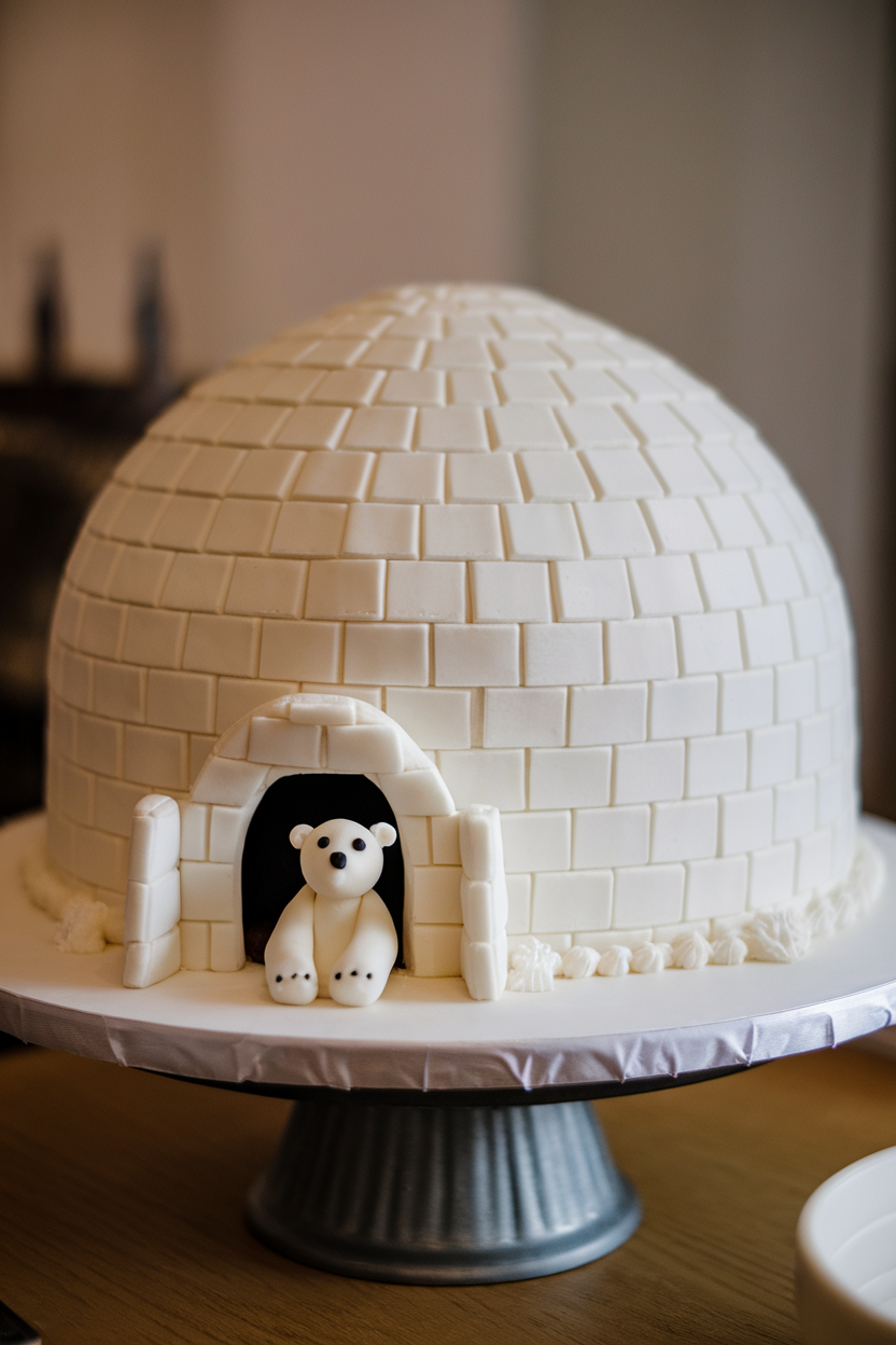 Round dome cake indoors, iced in white buttercream “blocks,” with a small fondant polar bear cub lounging outside an igloo entrance. Soft lighting, no text or logos.