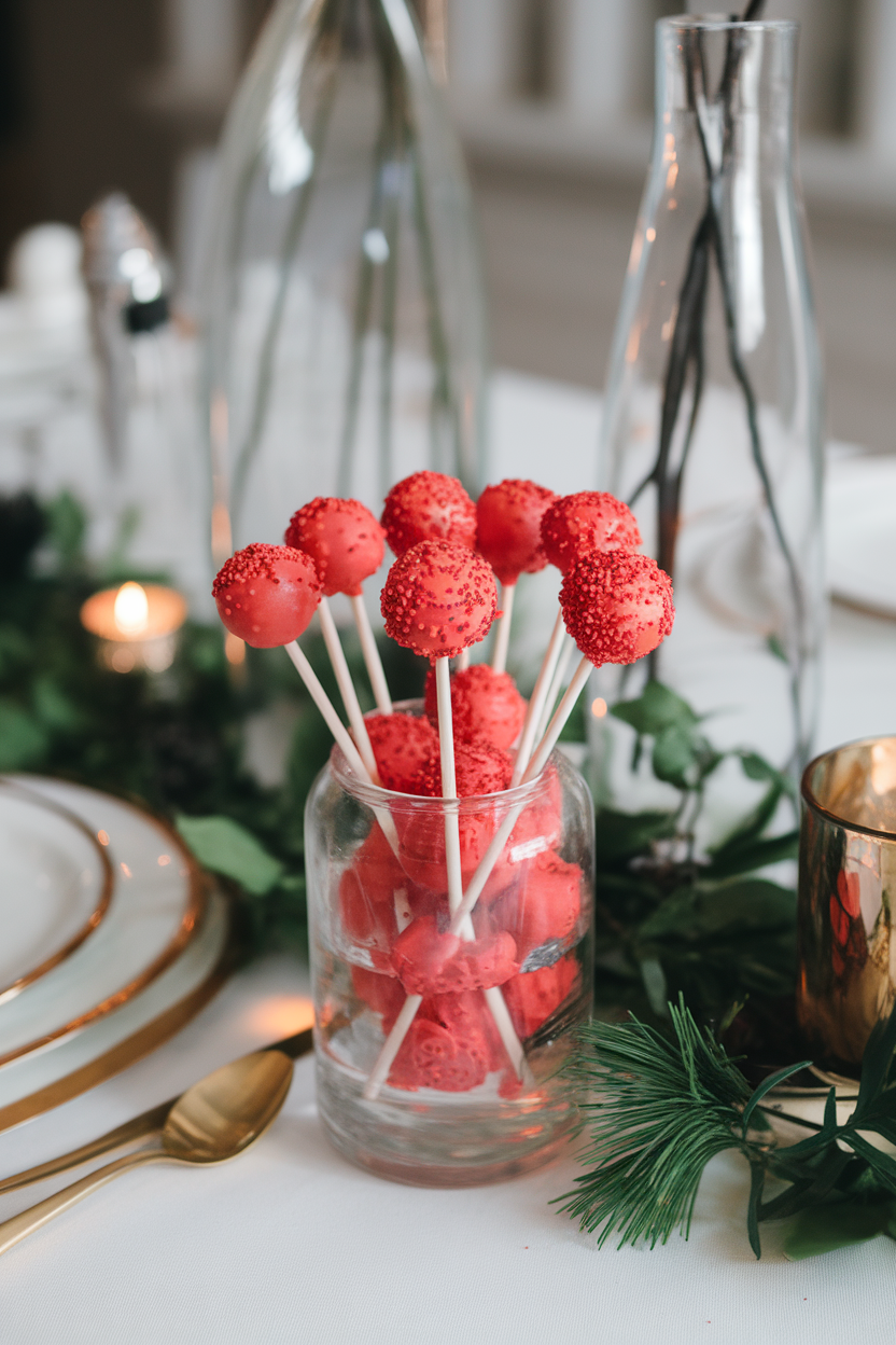Photo, not illustration. Indoor festive table. Bright red candy-coated cake pops sprinkled with tiny cinnamon candy bits, arranged in a clear vase. No text or logos.