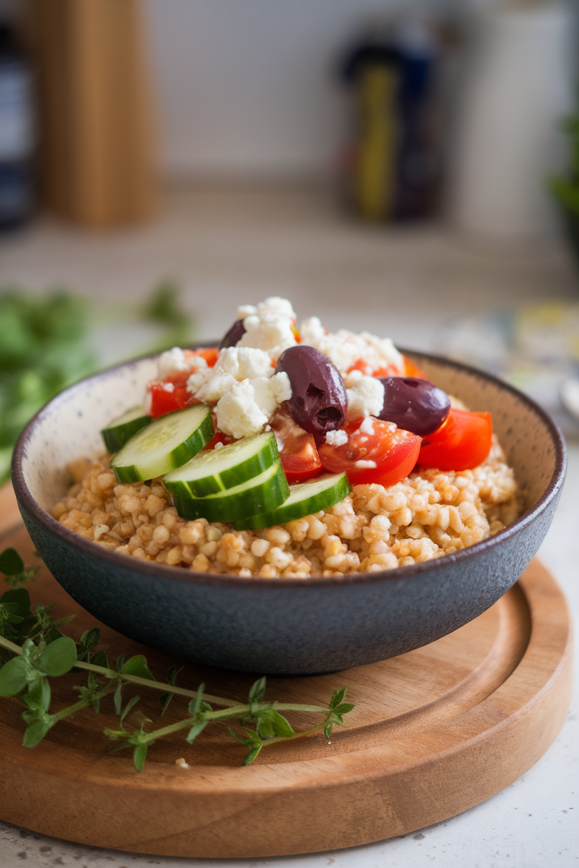 Indoor bowl of cooked sorghum topped with cucumbers, tomatoes, olives, and feta, three-quarter angle. No text or logos.