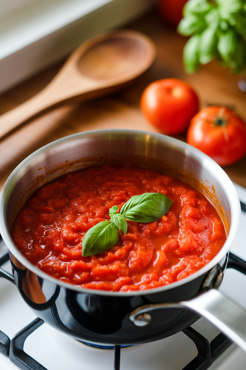An indoor saucepan of chunky tomato basil sauce simmering gently, no logos.