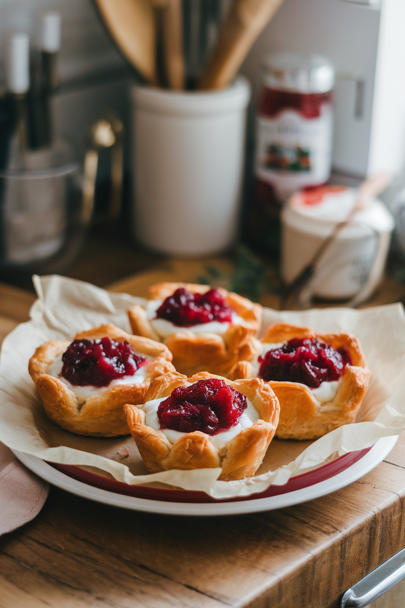 A cozy indoor kitchen counter featuring golden puff-pastry cups filled with melted Brie and ruby-red cranberry sauce, set on parchment, no text or logos.