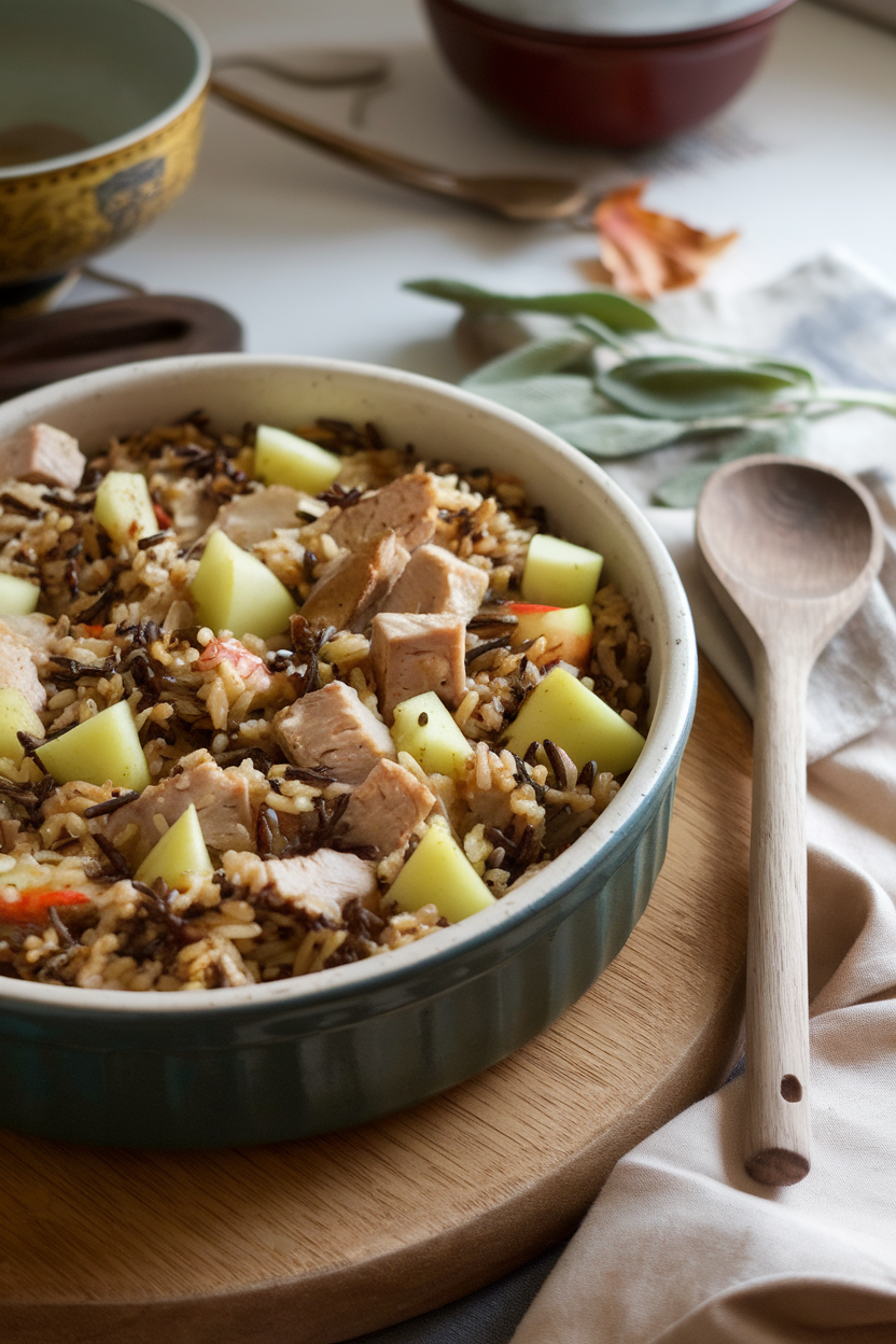 An indoor dining scene with a fall-inspired casserole containing wild rice, diced turkey, apple chunks, celery, and sage, lightly browned in a stoneware dish. No brand logos or text.