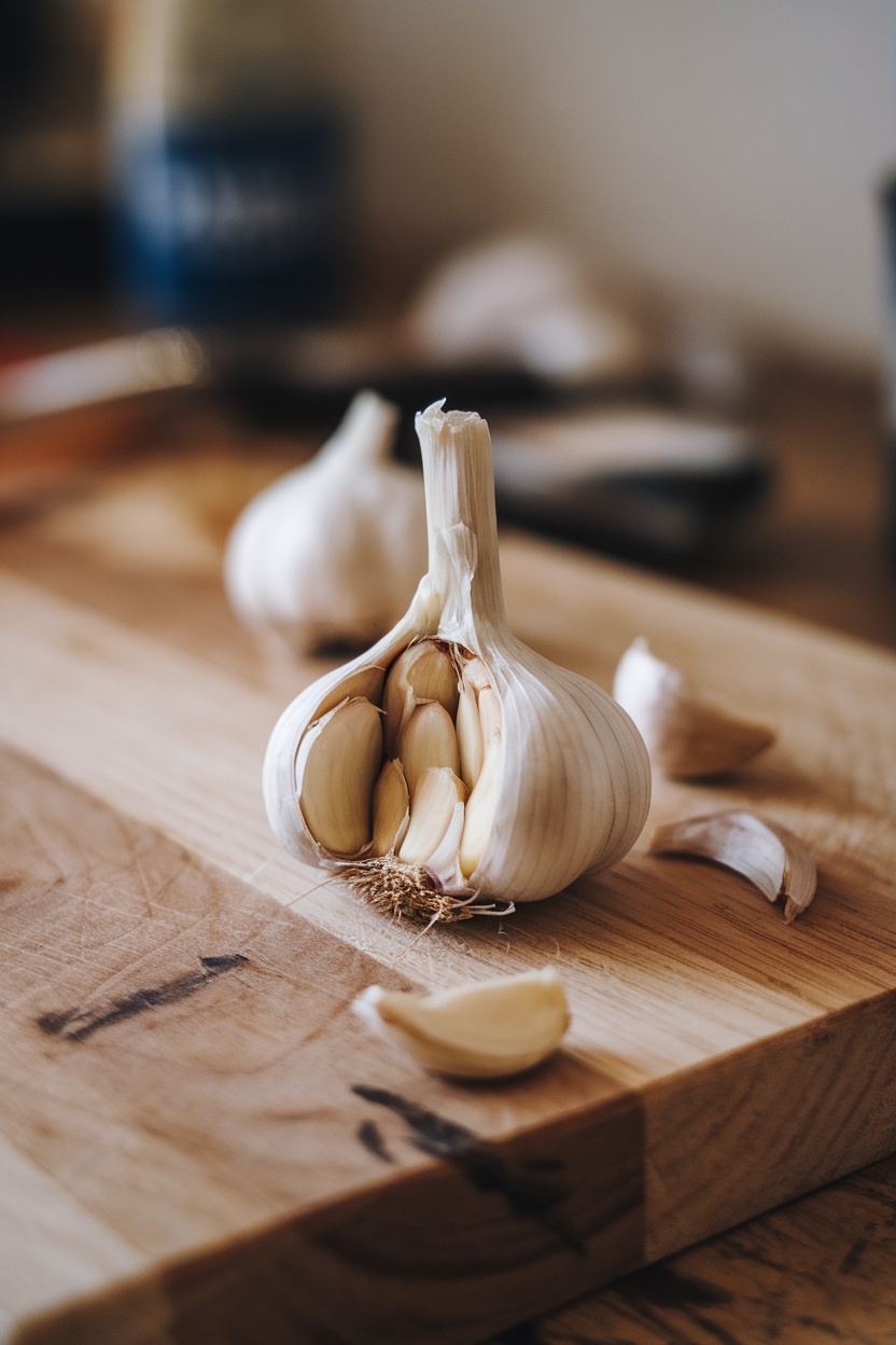 An indoor close-up of a garlic bulb being separated into cloves on a wooden board, no text or logos present.