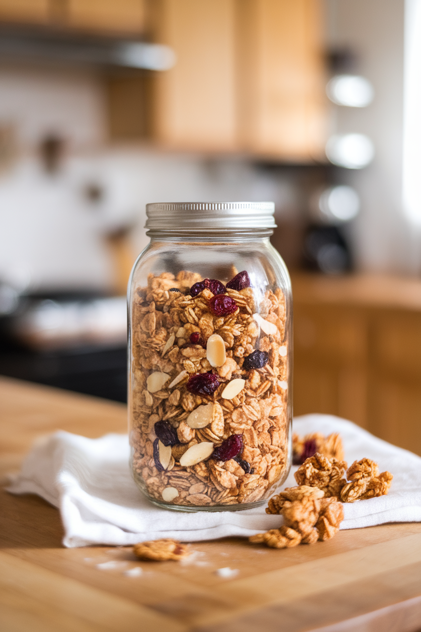 Indoor jar filled with golden granola clusters dotted with dried cranberries and almond slices on a countertop; no text or logos.
