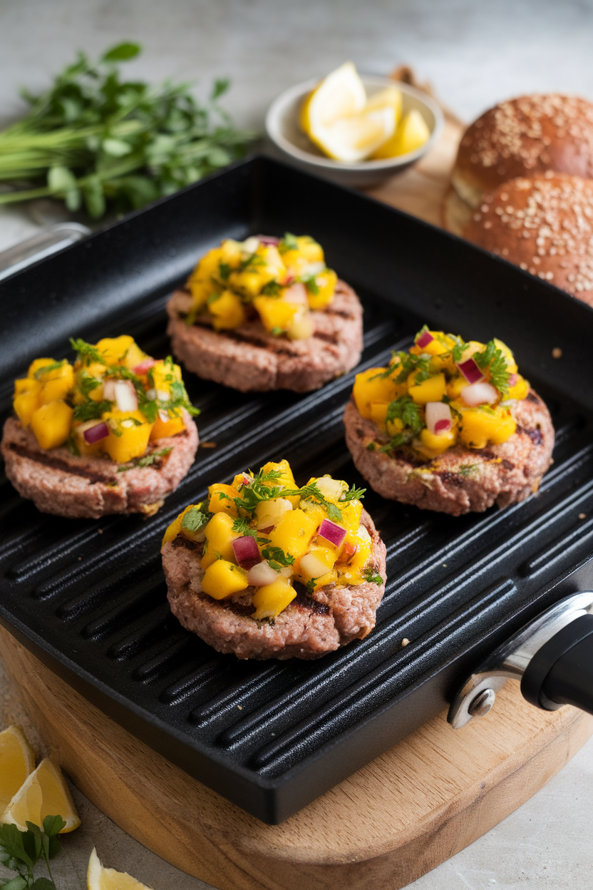 An indoor grill pan holding turkey burger patties topped with bright mango salsa, whole-grain buns on the side. No logos or text.