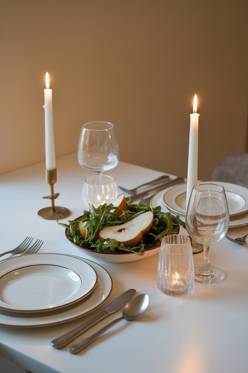 Indoor candle-lit dinner table with a simple arugula and pear salad, no text or logos. Photo.