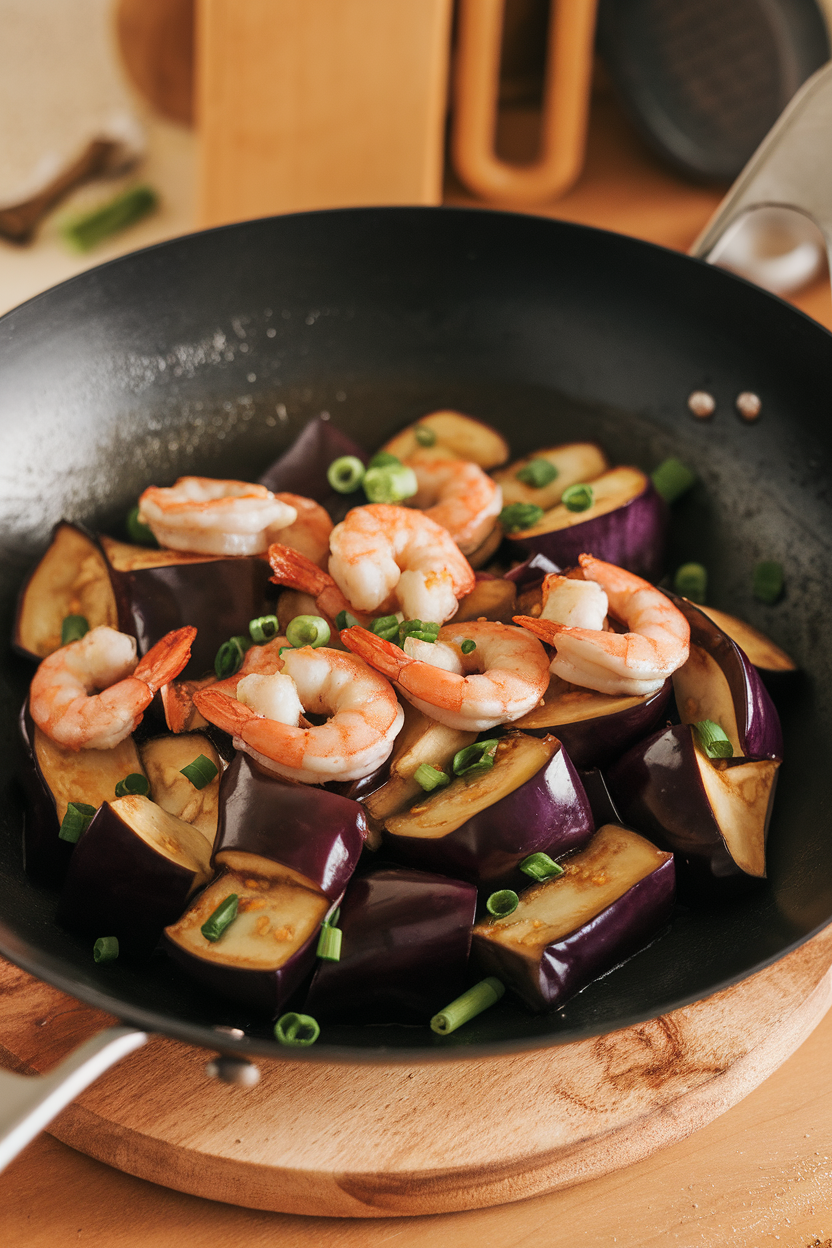 Indoor wok photo of glossy eggplant cubes stir-fried with garlic and cooked shrimp in a light soy glaze; warm side light, no text or logos.