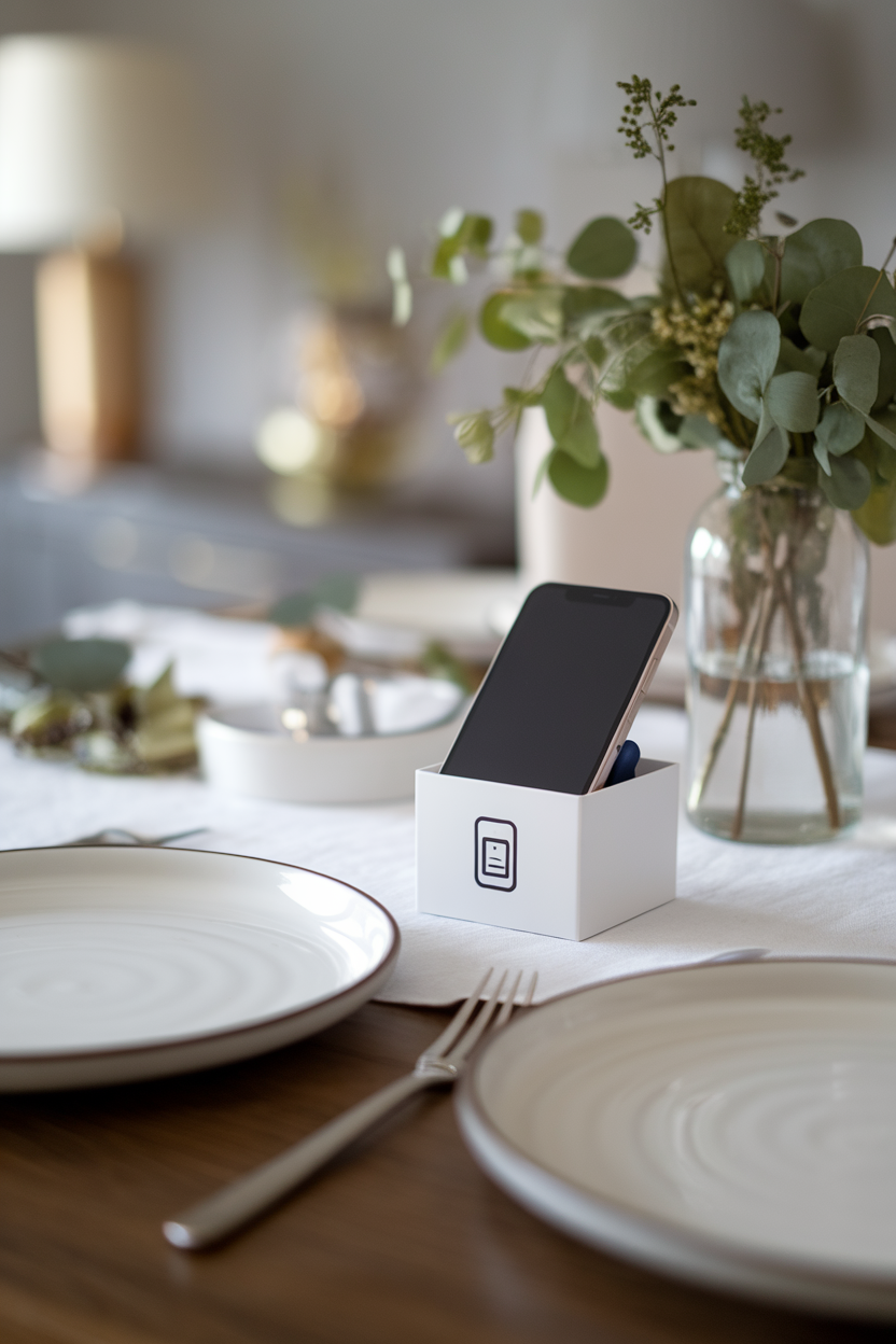 A dining table set with simple plates and a small box labeled with a phone icon where a device rests—icon only, no brand logo. Photo.