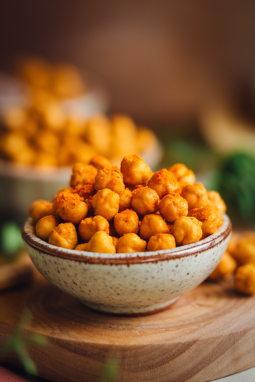 Close-up photo of roasted chickpeas dusted with turmeric in a small indoor serving bowl placed on a wooden board. No text or logos.
