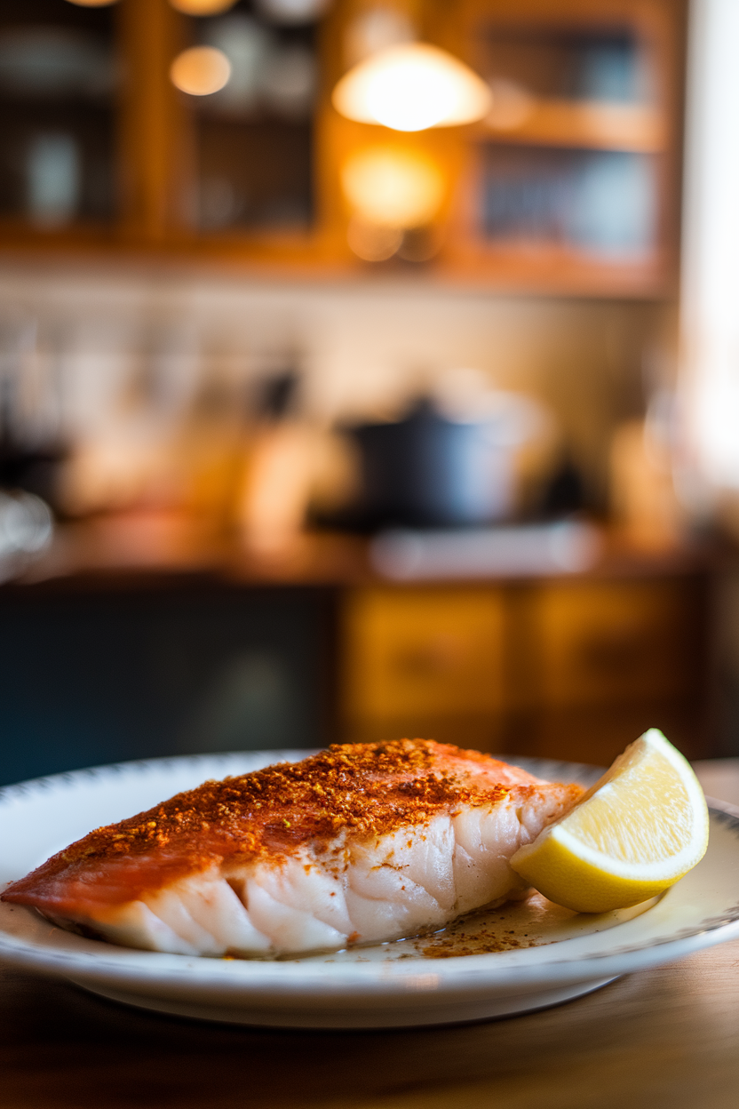 Cooked redfish fillet sprinkled with Cajun seasoning on a white plate, lemon wedge, indoor light, no text or logos.