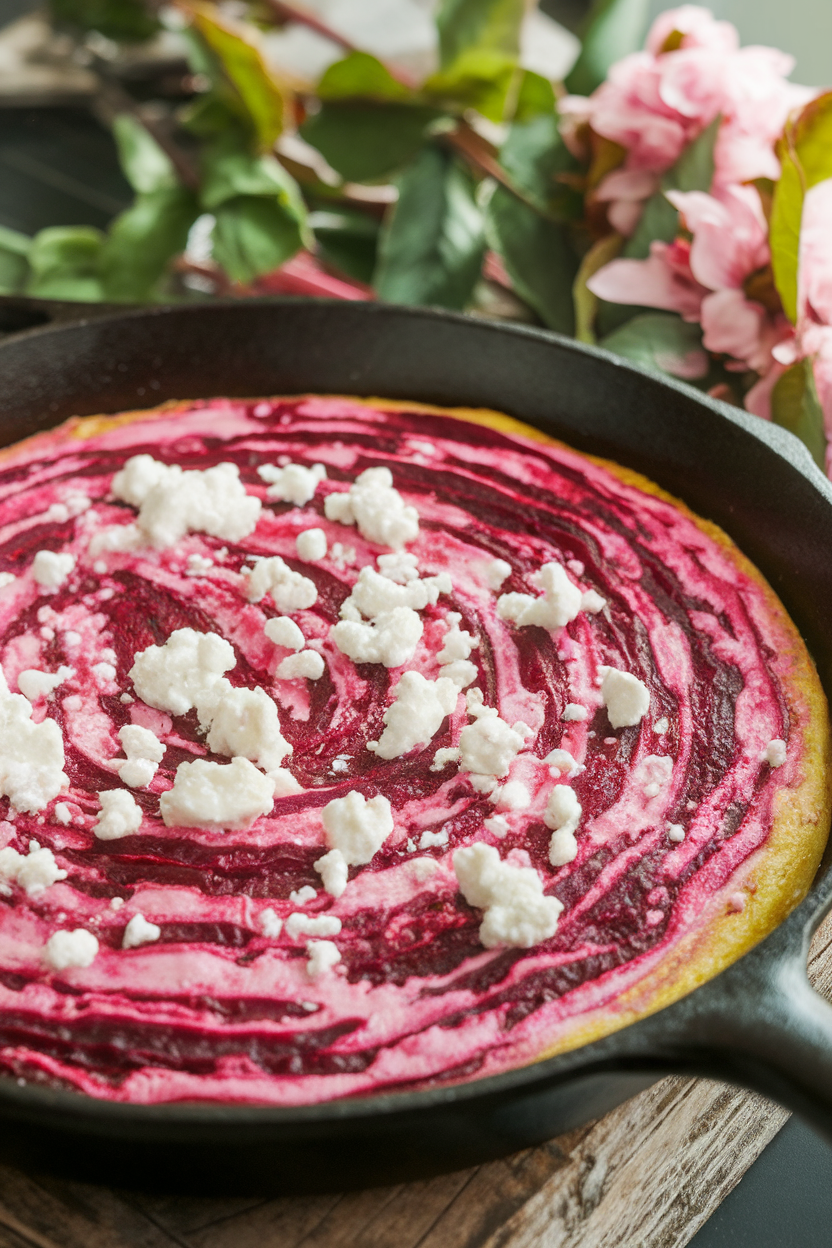 Indoor skillet photo of a pink-streaked beetroot frittata dotted with goat cheese crumbles, no text or logos.