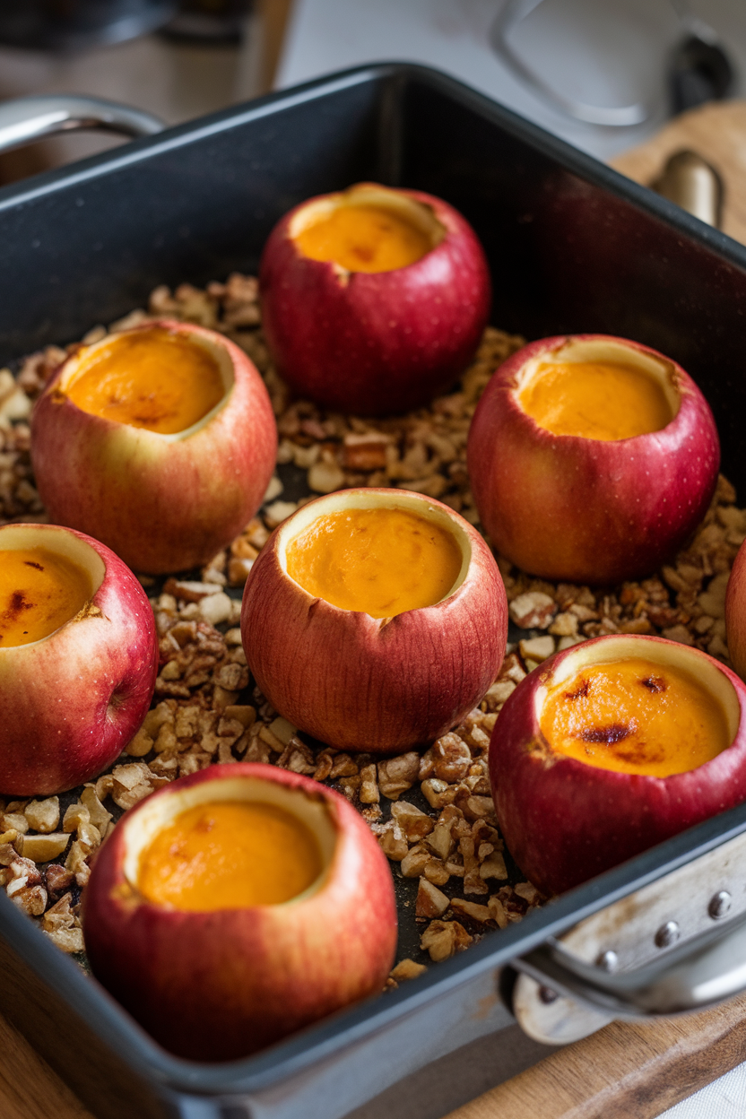 An indoor roasting pan with hollowed apples brimming with pumpkin custard, tops lightly caramelized—no text or logos; photo, not illustration