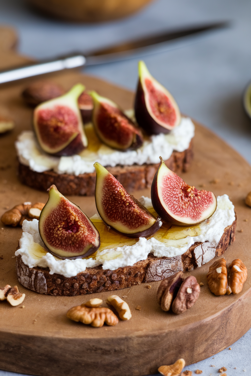 Indoor photo of rye crispbread spread with creamy ricotta and sliced fresh figs, drizzled with raw honey, no text or logos.