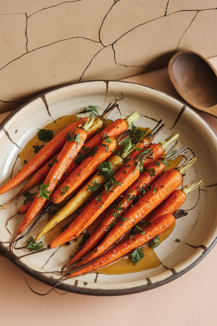 A ceramic platter indoors holding slender roasted carrots glazed with honey and sprinkled with chopped parsley. Photo, no text or logos.