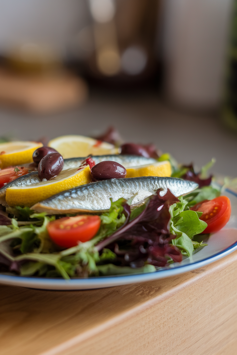 Indoor plate with mixed greens topped by lemon-garlic sardine fillets, cherry tomatoes, and olives. No text or logos visible.