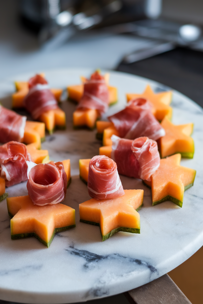 Indoor close-up of star-shaped cantaloupe pieces wrapped with prosciutto, arranged like a snowflake on a marble board; no text or logos