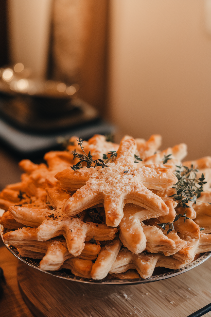 An indoor platter of puff pastry snowflakes sprinkled with grated Parmesan and thyme leaves, photographed from above. No text or logos, photo only.
