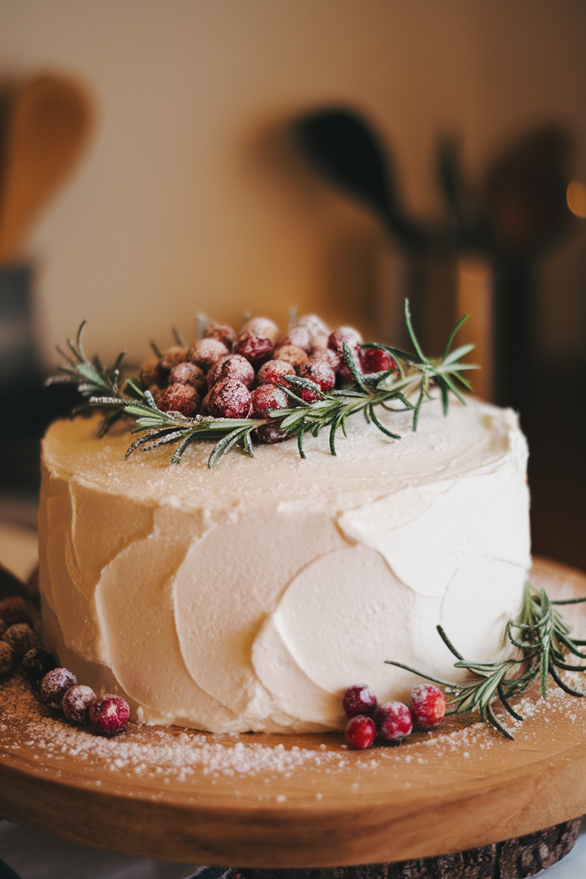 A snowy white cake indoors, covered in buttercream and decorated with rosemary sprigs coated in sugar “frost,” plus sparkling cranberries clustered like forest berries. Warm interior lighting.