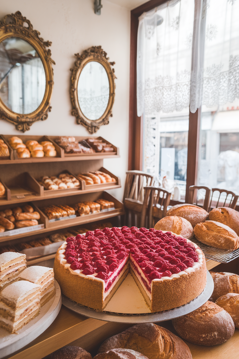 An indoor European bakery scene with a wedge of almond cake topped by raspberry jam lattice. No text or logos. Photo, not illustration.
