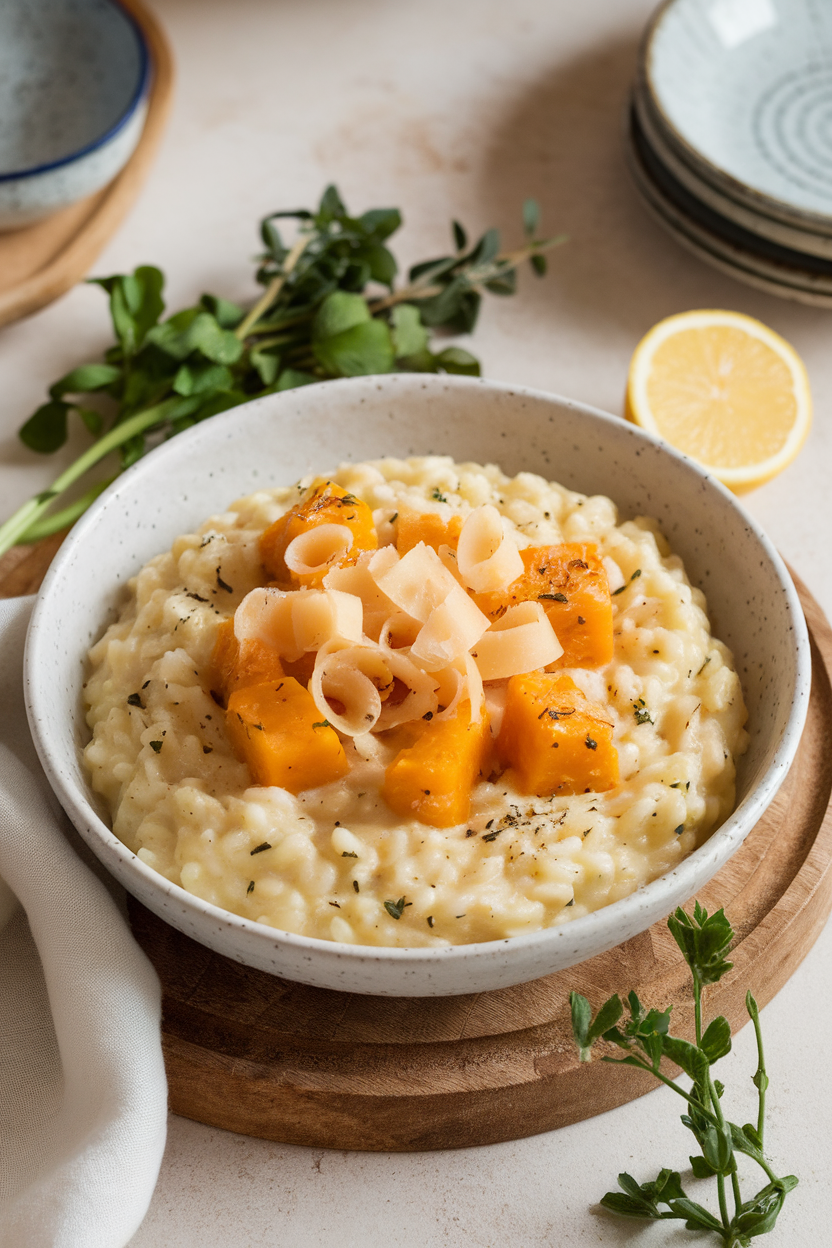 An indoor bowl of creamy risotto speckled with orange squash cubes, Parmesan curls on top, photo, no text or logos.