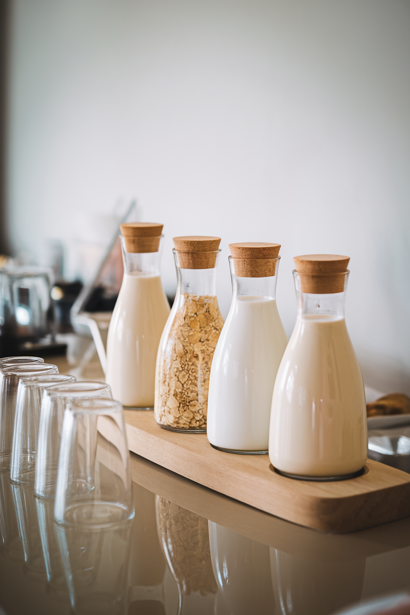Photo prompt: An indoor breakfast bar with small carafes of soy, oat, and almond milk lined up for tasting, no logos or text.